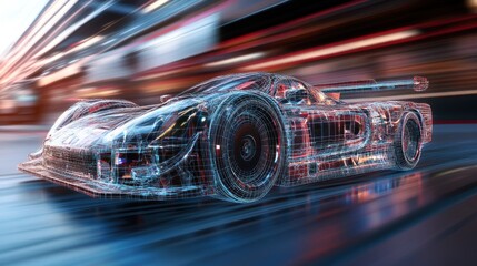 Poster - Futuristic Wireframe Race Car Speeding Through Cityscape