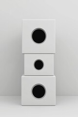 Poster - Three stacked white boxes with circular cutouts on a minimalist background, ideal for modern design and organization themes.