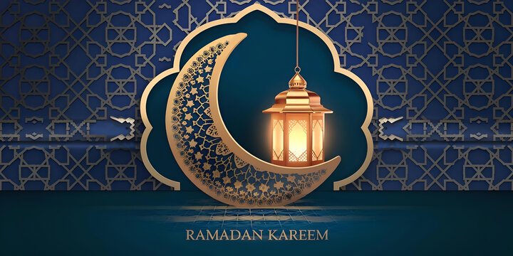 Ramadan Kareem greeting card featuring a decorative lantern and a crescent moon, symbolizing the holy month.