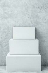 Poster - Minimalist display of three stacked white boxes against a textured gray wall, perfect for showcasing products or art.