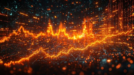 Poster - Dynamic visualization of data trends and analytics with glowing orange lines representing fluctuating metrics and statistics.