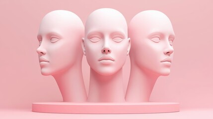 Poster - Abstract representation of three mannequin heads in a soft pink tone, perfect for modern and artistic design concepts.
