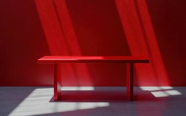 Poster - Minimalist red bench against a vibrant red wall, showcasing modern design and striking color interplay.