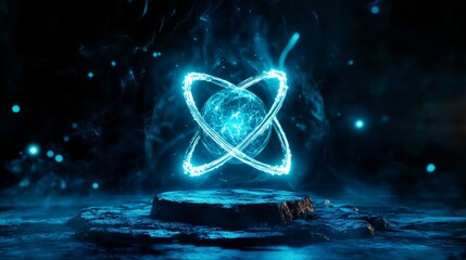 Wall Mural - Glowing Orb of Energy on Dark Surface - A vibrant blue orb of energy, encircled by glowing rings, rests on a dark, rocky surface. Surrounding particles add to the mystical atmosphere