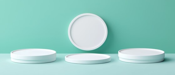 Poster - Set of minimalist white plates on a vibrant teal background, perfect for showcasing modern dining aesthetics.
