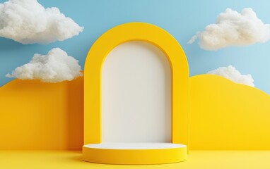 Wall Mural - A vibrant podium against a blue sky backdrop, featuring soft clouds and colorful mountains, ideal for product displays.