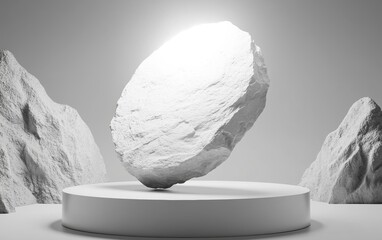 Poster - A surreal floating boulder in a minimalist landscape illuminated by bright light, showcasing artistic design and modern aesthetics.