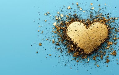 Poster - a shimmering gold heart on a blue background, surrounded by golden specks and textured dust, symboli