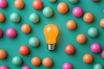 Poster - A vibrant composition featuring a bright orange light bulb surrounded by colorful balls on a teal background.