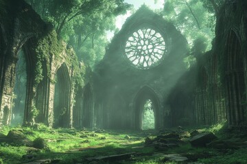 Sticker - Ancient ruins surrounded by lush greenery and sunlight filtering through a large rose window