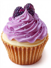 Sticker - Delicious cupcake topped with light purple frosting, two ripe blackberries, and tiny white sprinkles.