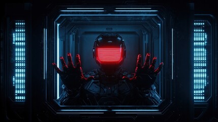 Poster - Futuristic Robot Behind Glass with Red Lights and High-Tech Background