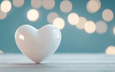 Poster - a glossy white heart-shaped object with a soft bokeh background, symbolizing love and affection in a