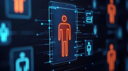 Poster - Futuristic digital interface displaying human figures alongside data connections and technology elements.