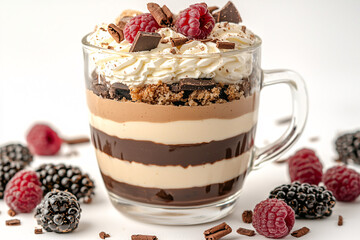 Poster - Layered dessert parfait in glass mug, topped with whipped cream, chocolate, raspberries and blackberries.