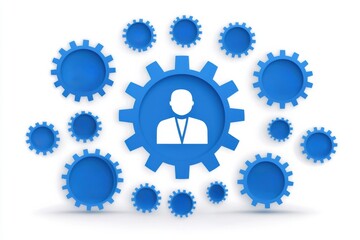 Poster - of a central figure surrounded by blue gears, symbolizing teamwork, collaboration, and efficiency in a business environment.
