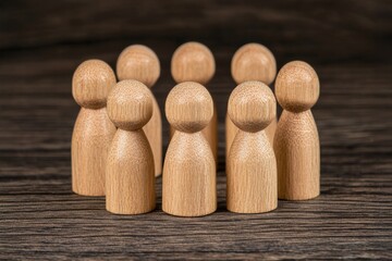 Poster - A circle of wooden figurines representing teamwork, unity, and collaboration on a rustic background. Ideal for diverse projects.
