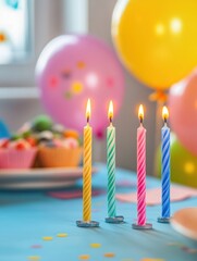 Poster - Colorful birthday celebration with vibrant balloons and glowing candles on a cheerful table setting. Generative AI