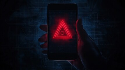 Poster - Illuminated Red Triangle on Smartphone Display in Dark Background