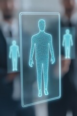 Aufkleber - A futuristic digital interface displaying a holographic human figure, symbolizing technology and innovation in business.