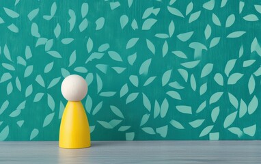 Poster - a minimalist yellow figure stands against a teal leaf-patterned wall, showcasing modern design and v