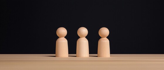 Poster - Three wooden figurines stand together on a table against a black background, symbolizing unity, collaboration, and creativity.