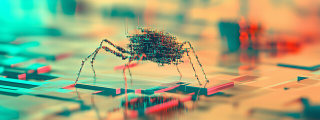 cybersecurity threats , hyper-modern AI computer chip, with a menacing bug or virus crawling across its surface.