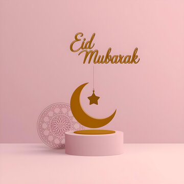 Eid Mubarak greeting card featuring a moon and crescent on a soft pink background, celebrating the festive occasion.