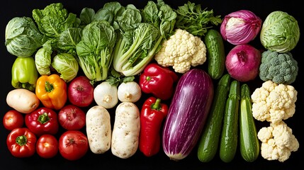 Poster - Colorful vegetable assortment, flat lay, dark background, healthy food