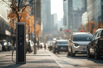 Fototapete - Urban EV charging station on a bustling street with electric cars plugged in during busy afternoon. Generative AI