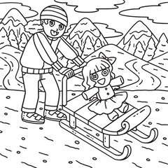 Wall Mural - Sledding Girl Pushing Sled with a Doll Coloring 