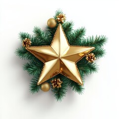 Wall Mural - Bright Gold Star Christmas Adornment with Green Tinsel and Decorative Ornaments