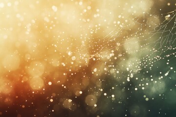 Dewdrops on a spiderweb against a bokeh background of warm golden and green tones.
