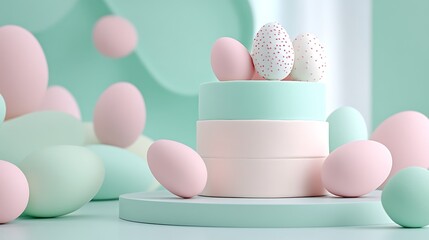 Poster - Pastel Easter Eggs Composition on Display Platform Serene and Soft Hue Background Art Render
