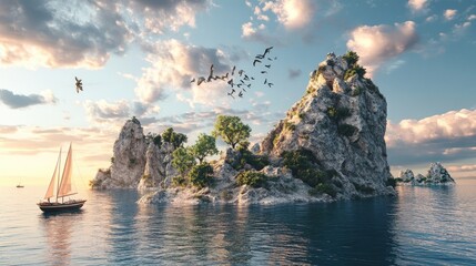 Poster - Dramatic island and bay views with unique rock formations and boats