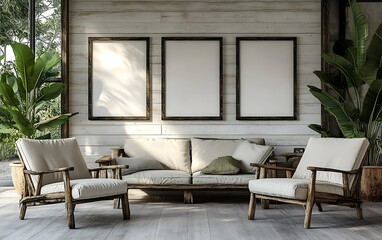 Sticker - Cozy living room, tropical view, blank frames, relaxation