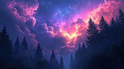 Wall Mural - Fantasy landscape with dark forests and mystical glowing skies