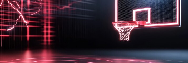 Wall Mural - Neon Glow Basketball Hoop - Abstract of a basketball hoop with neon red lighting, perfect for sports themes or gaming backgrounds