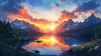 Wall Mural - Glacial lake surrounded by rocky peaks under a dramatic sunrise