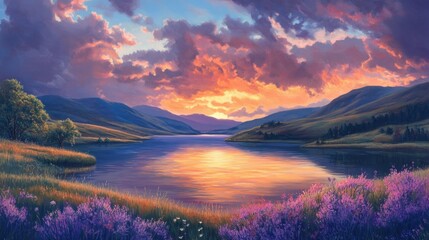 Wall Mural - Glowing skies at sunset over rolling hills and tranquil lakes