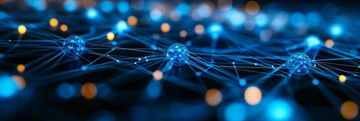 Poster - abstract futuristic network interconnected nodes and glowing lines on dark blue background