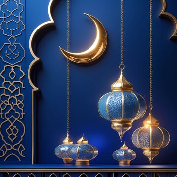 A luxurious and elegant Ramadan-themed composition with a deep blue background.