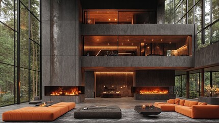 Wall Mural - Modern glass forest house interior, fire, lounge