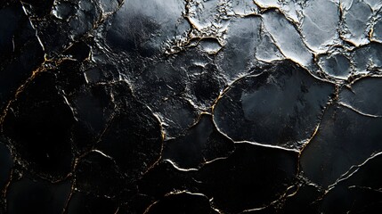 Poster - Close-up view of an abstract artwork featuring a dark, textured surface with gold accents. Macro Texture Backgrounds. Abstract Dark Art: Black and Gold Texture Etched surface of glass detail.