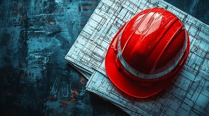 Red hard hat resting on architectural blueprints against a textured blue background