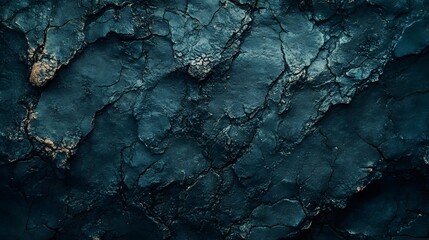 Poster - Close-up view of a dark teal, cracked surface resembling weathered stone or dried earth. The texture is abstract and dramatic. Macro Texture Backgrounds. Charcoal Fibrous bark detail Texture.
