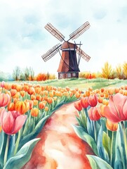 Poster - Colorful watercolor illustration featuring tulip fields and a windmill in a vibrant spring landscape. Generative AI