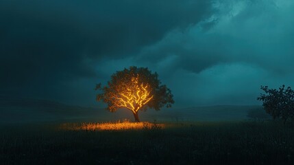 Wall Mural - Lone tree glowing with lightning in a stormy field