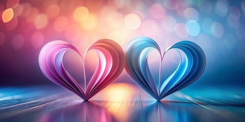 Wall Mural - Long Exposure Photo of Two Paper Hearts: Pink & Blue on Gradient Background - Love & Affection