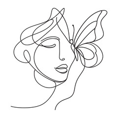 Wall Mural - Woman head with butterfly composition. vector line-art illustration. One Line style drawing.